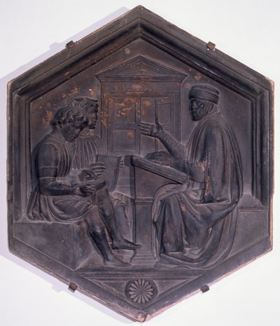 Grammatica, piastrella decorativa esagonale da una serie che raffigura le Sette Arti Liberali, possibilmente basata su disegni di Giotto da Andrea Pisano